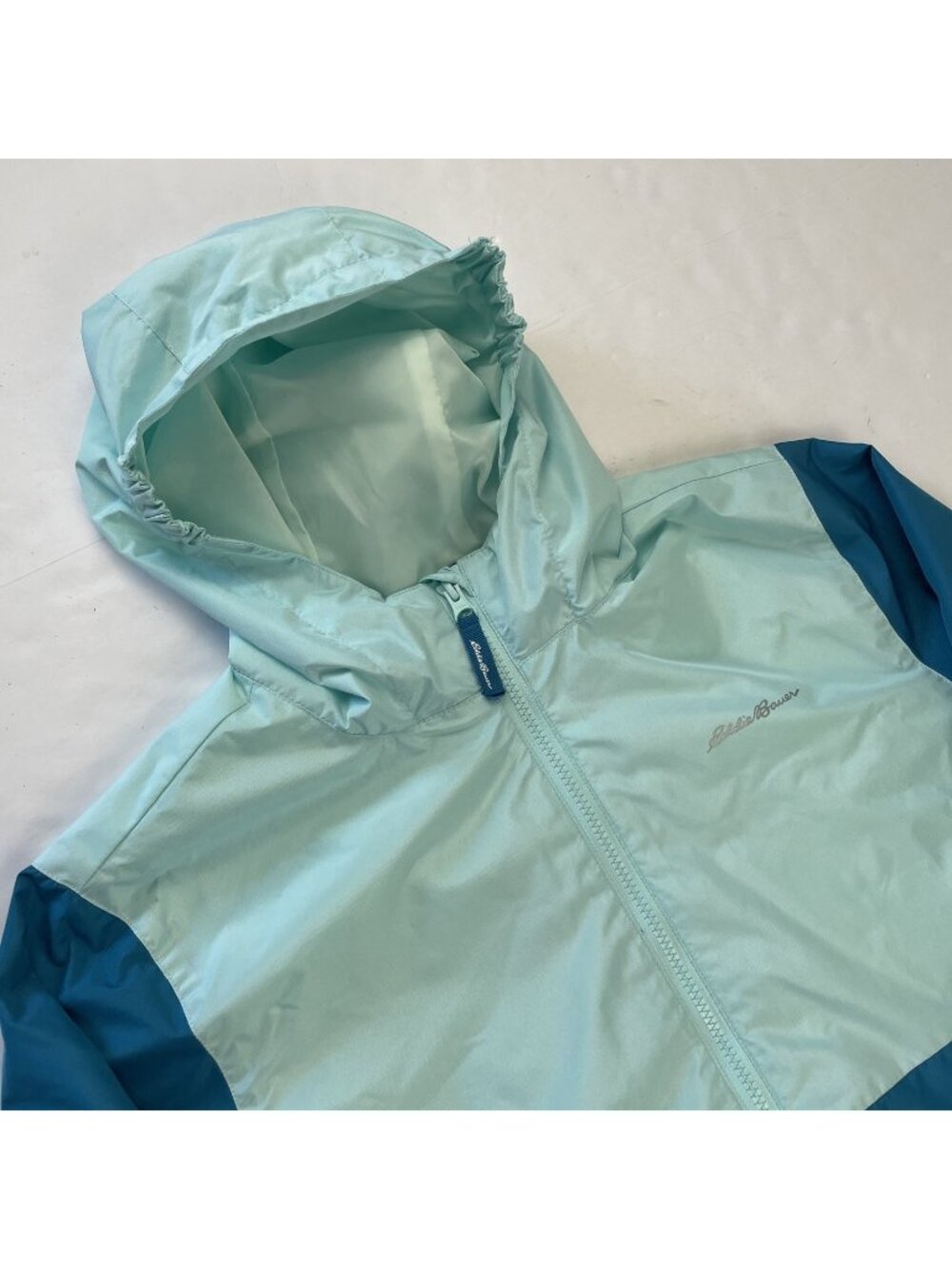 Eddie Bauer Hooded Windbreaker Jacket Kids L 14/16 Teal Colorblock Lightweight